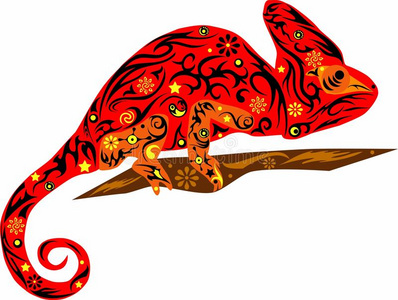 红色变色龙卡通黑豹变色龙红色花美丽明亮的绿色变色龙的侧面视图坐在