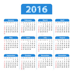 蓝色光泽的2016年英语日历