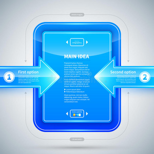 蓝色光滑的矩形，有两个箭头指向它。 用于演示或网页设计。