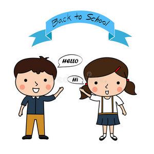 男孩和女孩打招呼,回学校照片
