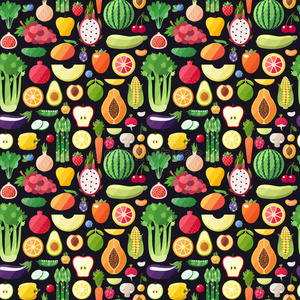 大型水果和蔬菜无缝矢量图案。 现代平面设计。