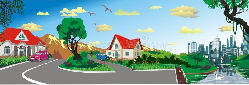 森林 国家 小山 领域 卡通 插图 颜色 农业 树叶 房子