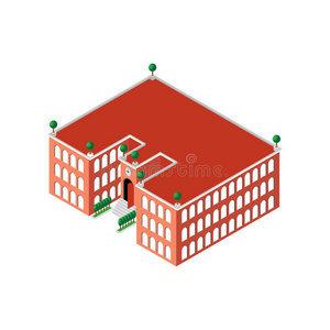 平面三维等距建筑学校或大学，有时钟和敞开的门，以及绿树和灌木丛