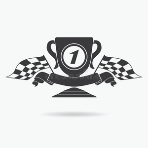 旗帜图标。 格子或赛车旗第一名奖杯和完成丝带。 运动汽车，速度和成功，竞争和胜利