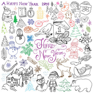 2016年新年快乐手绘草图设计，刻字，圣诞树，雪花，雪人，精灵，鹿，
