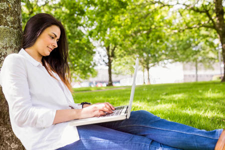 漂亮的黑发女人在公园里用笔记本电脑