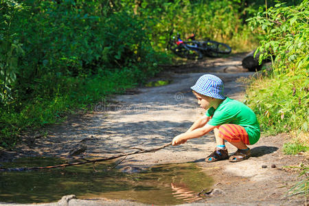 探索 森林 活动 自行车 自然 童年 水坑 木材 学龄前儿童
