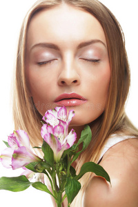 粉红色 健康 面对 照顾 花的 时尚 化妆 肖像 纯洁 美丽的