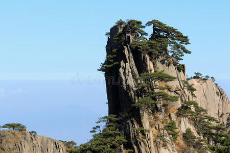岩石 瓷器 黄山 美丽的 悬崖 天空 风景
