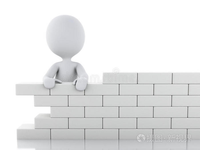 三维白人建造砖墙。