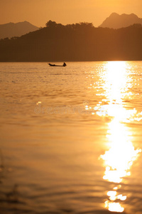 轮廓 天空 亚洲 渔夫 傍晚 湄公河 老挝 渔民 太阳 美丽的