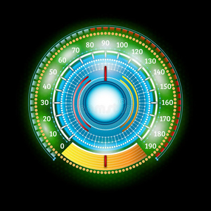 汽车圆形抽象绿色闪亮的速度计与箭头指示器
