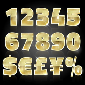 金色闪闪发光的金属字母表集数字和符号