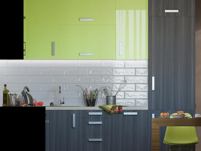 木制和绿色立面厨房的三维插图