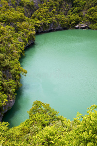 一条绿色泻湖的海岸线，中国海，泰国Kho