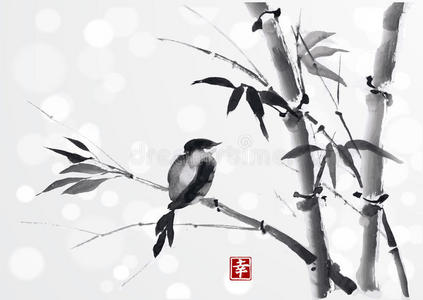 白色背景上有竹子和鸟的卡片