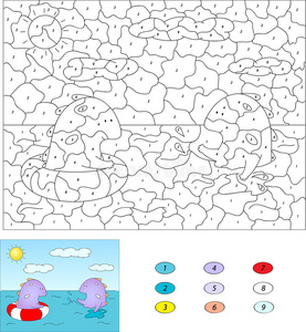 儿童按数字教育游戏的颜色。 紫龙游泳