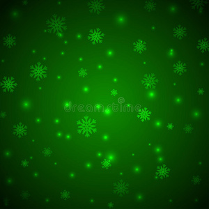 圣诞绿色背景，雪花和闪光