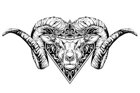 皇冠头皇冠上公羊头的黑白纹身.照片