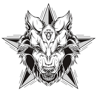 有星星的狼头的黑白纹身。