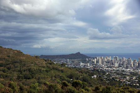 檀香山 城市 天际线 天空 美丽的 小岛 瓦胡 城市景观