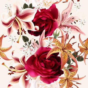 美丽的无缝花卉图案与玫瑰水彩风格