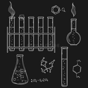 手绘矢量插图。 化学实验室图标草图