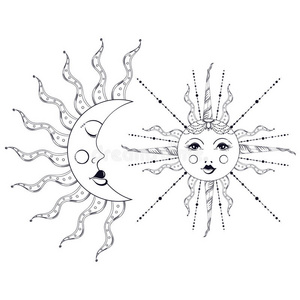 波霍优雅的太阳和老式的月亮纹身，Zentangle风格化。 波