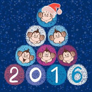 2016年新年卡片与风格化的新年树可爱的猴子。