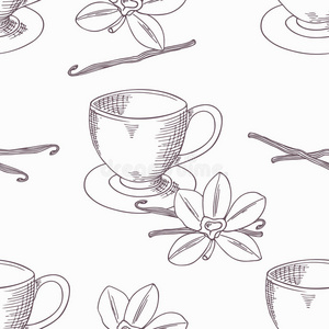 手绘咖啡杯与香草无缝图案。 概述背景