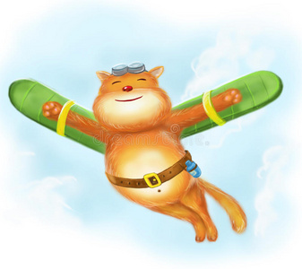 天猫运营卡通快乐有趣的猫在天空中飞翔. 插图照片