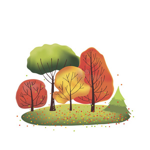 一群秋天的树秋天的桦树林矢量卡通颜色插图-对同一树枝上的褐色橡子