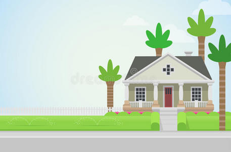平坦风格的矢量乡村房子与草坪
