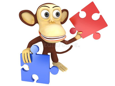 三维可爱的猴子与红色和蓝色拼图块