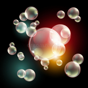 气泡，eps10透明多色肥皂气泡矢量设置在黑色背景上。 球体，设计水和泡沫，水洗