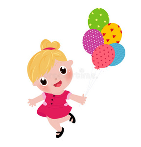 卡通小孩跑可爱的小女孩拿着气球跑照片