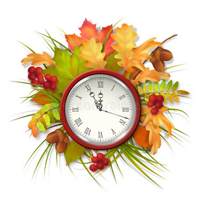 秋季矢量落叶和时钟照片