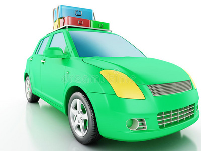 带旅行手提箱的3D汽车。