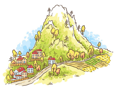 山脚下的卡通小镇照片