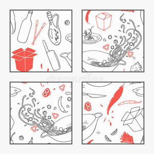 抽象手绘炒菜馆元素海报为您的设计。 涂鸦亚洲食物