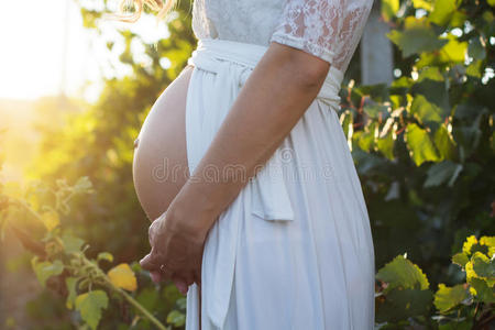 怀孕女孩的肚子在花园里带着葡萄