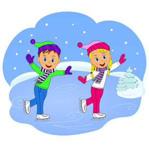 男孩和女孩滑冰