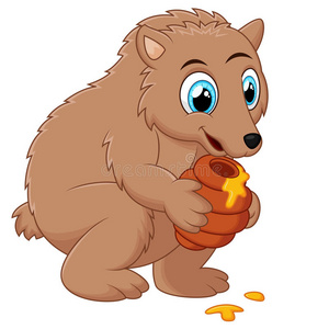 可爱的卡通熊拿着蜜罐