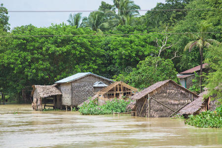 灾难 小屋 季风 紧急情况 贫困 缅甸 亚洲 稻草 淹没