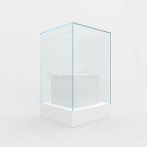 展览的空玻璃橱窗。 灰色背景