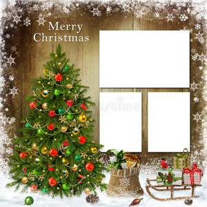 圣诞贺卡，框架，圣诞树和礼物
