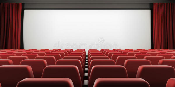 电影院屏幕，红色座位和打开窗帘。 3D。