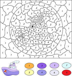 儿童按数字教育游戏的颜色。 卡通轮船。