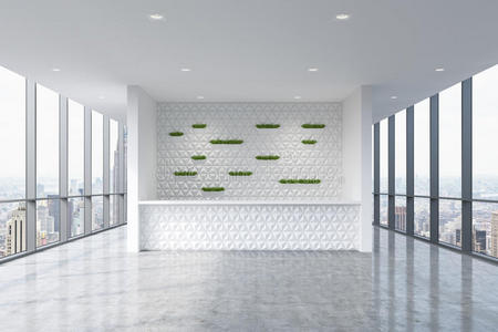 现代明亮清洁办公室内部的接待区。 巨大的全景窗户和纽约的景色。