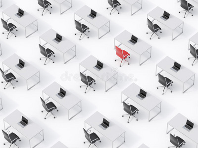 白色地板上对称的公司工作场所的顶部视图。 企业生活的概念。 黑色皮革椅子，白色桌子